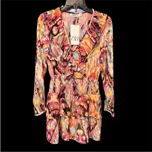 Zara Long Sleeve Smocked Waist Ruffled Neckline MultiWatercolor Mini Dress S NWT